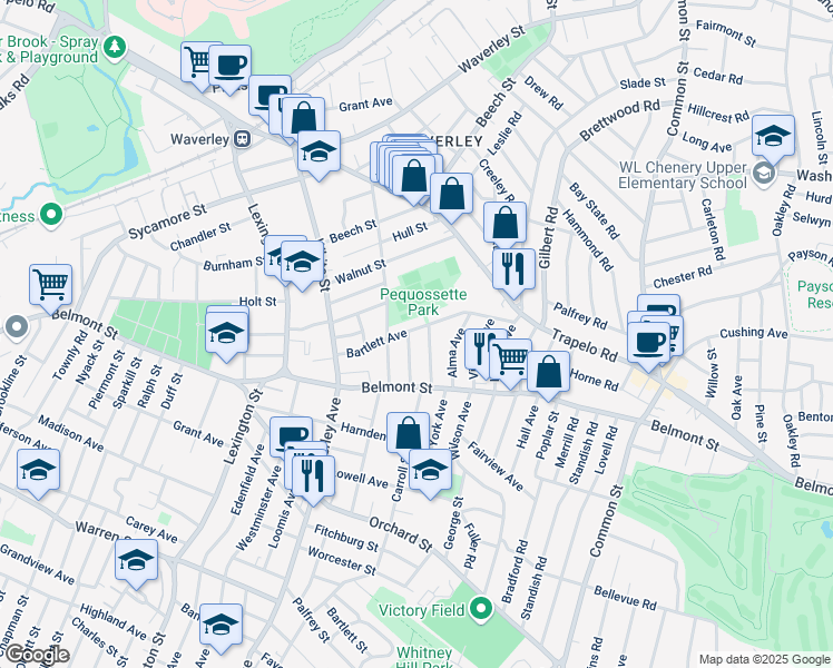 map of restaurants, bars, coffee shops, grocery stores, and more near 81 Bartlett Avenue in Belmont