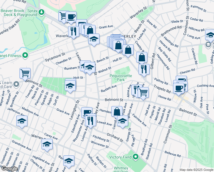 map of restaurants, bars, coffee shops, grocery stores, and more near 47 Chestnut Street in Belmont