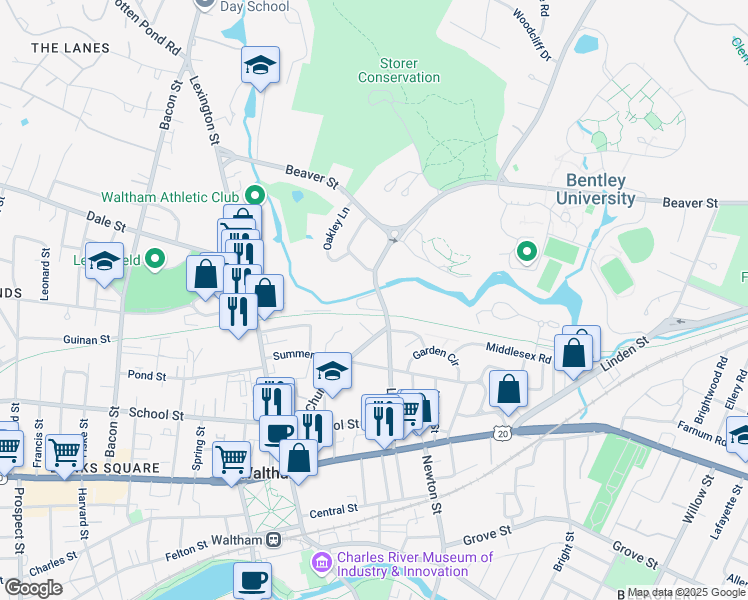 map of restaurants, bars, coffee shops, grocery stores, and more near 65R Valley View Road in Waltham