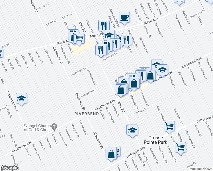 map of restaurants, bars, coffee shops, grocery stores, and more near 2540 Ashland Street in Detroit