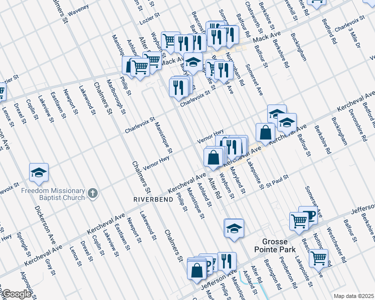 map of restaurants, bars, coffee shops, grocery stores, and more near 2540 Ashland Street in Detroit
