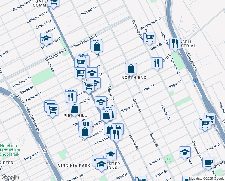 map of restaurants, bars, coffee shops, grocery stores, and more near 201 Holbrook Avenue in Detroit