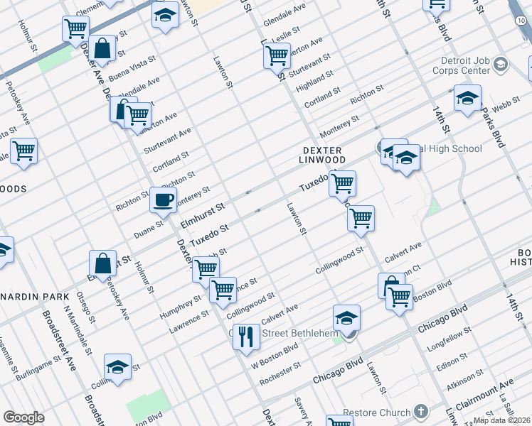 map of restaurants, bars, coffee shops, grocery stores, and more near 2948 Tuxedo Street in Detroit