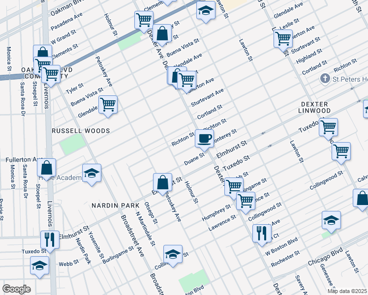 map of restaurants, bars, coffee shops, grocery stores, and more near 3747 Richton Street in Detroit