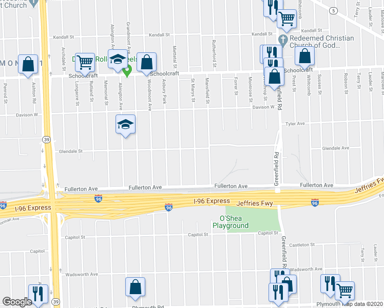 map of restaurants, bars, coffee shops, grocery stores, and more near 12810 Saint Marys Street in Detroit