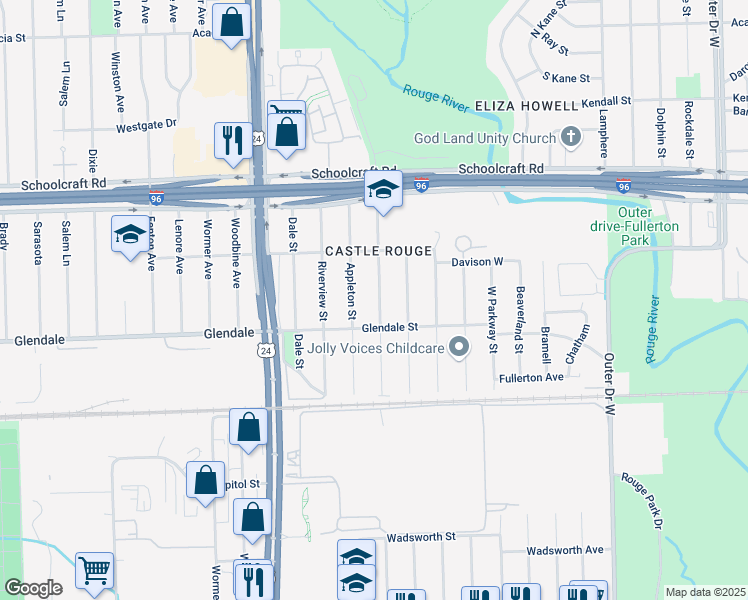 map of restaurants, bars, coffee shops, grocery stores, and more near 12908 Virgil Street in Detroit