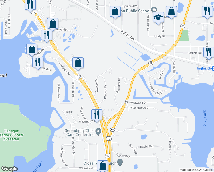 map of restaurants, bars, coffee shops, grocery stores, and more near 588 Windsor Drive in Fox Lake