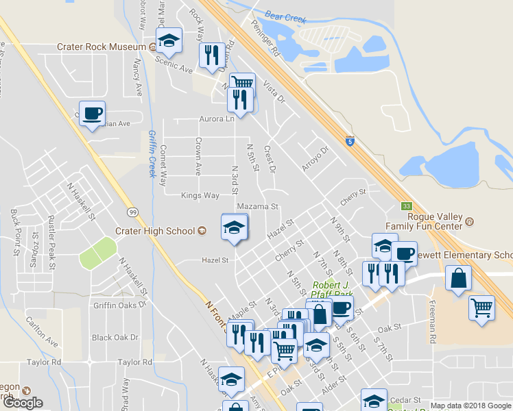 map of restaurants, bars, coffee shops, grocery stores, and more near 401 Mazama Street in Central Point
