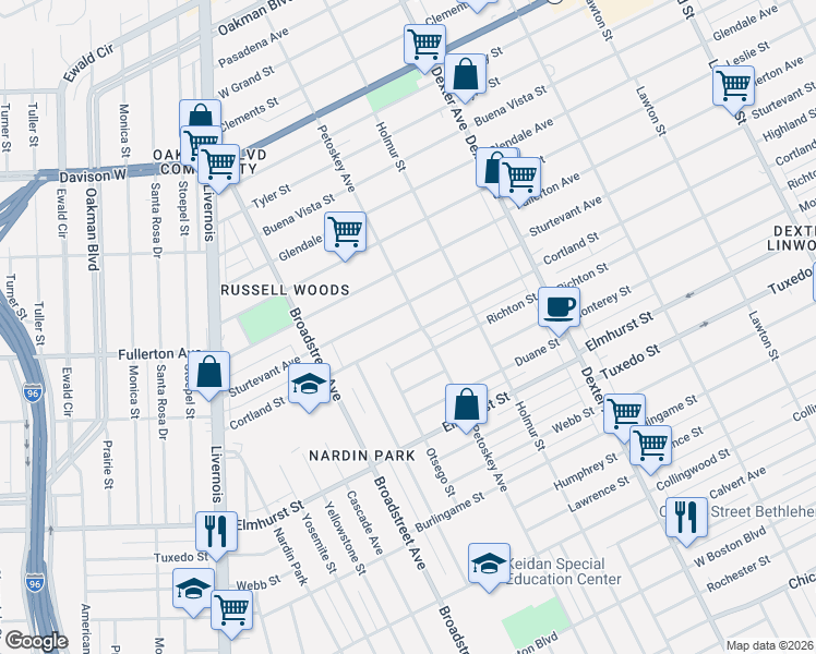 map of restaurants, bars, coffee shops, grocery stores, and more near 4093 Sturtevant Street in Detroit