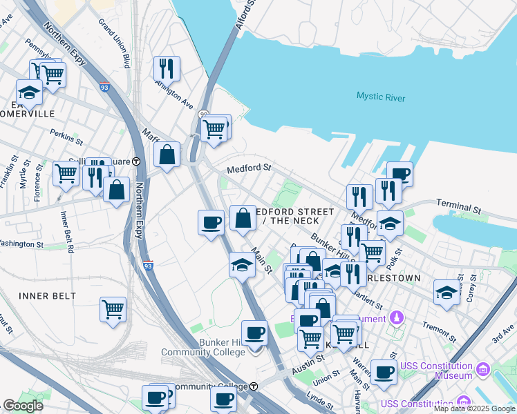 map of restaurants, bars, coffee shops, grocery stores, and more near 380 Bunker Hill Street in Boston