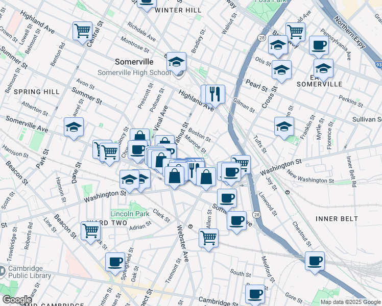 map of restaurants, bars, coffee shops, grocery stores, and more near 61 Columbus Avenue in Somerville