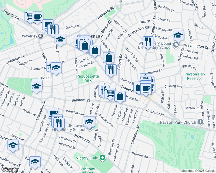 map of restaurants, bars, coffee shops, grocery stores, and more near 17 Bartlett Avenue in Belmont