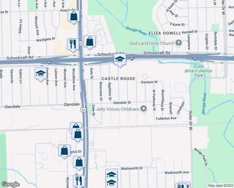 map of restaurants, bars, coffee shops, grocery stores, and more near 12908 Virgil Street in Detroit