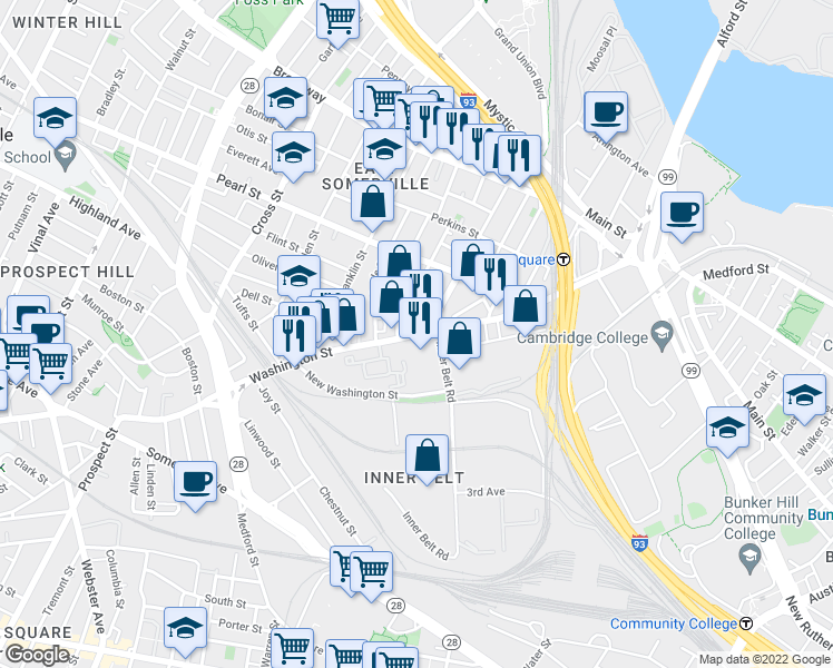 map of restaurants, bars, coffee shops, grocery stores, and more near Washington St & Pinckney St in Somerville