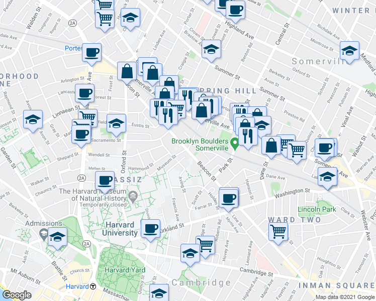 map of restaurants, bars, coffee shops, grocery stores, and more near Beacon St & Kent St in Somerville