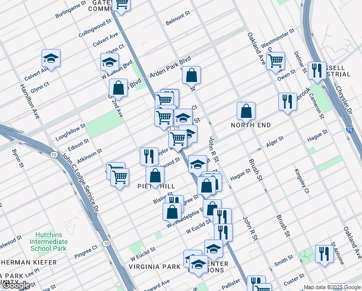 map of restaurants, bars, coffee shops, grocery stores, and more near 9000 Woodward Avenue in Detroit