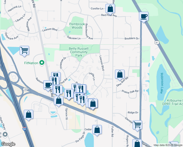 map of restaurants, bars, coffee shops, grocery stores, and more near 5348 Lezlie Lane in Gurnee