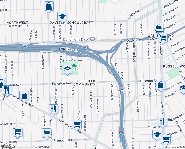 map of restaurants, bars, coffee shops, grocery stores, and more near 12709 Roselawn Street in Detroit