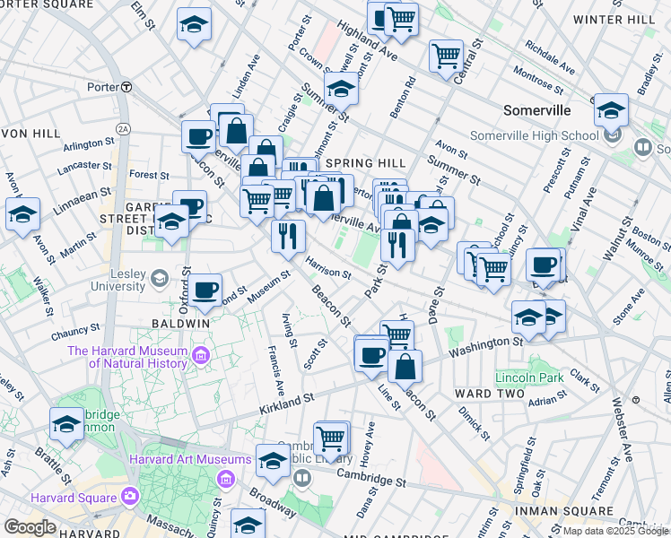 map of restaurants, bars, coffee shops, grocery stores, and more near 19 Harrison Street in Somerville