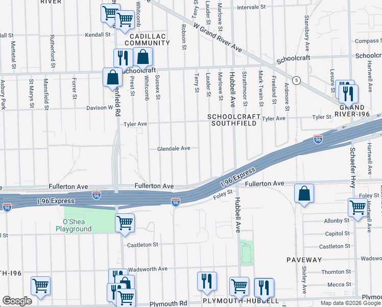 map of restaurants, bars, coffee shops, grocery stores, and more near 12801 Terry Street in Detroit