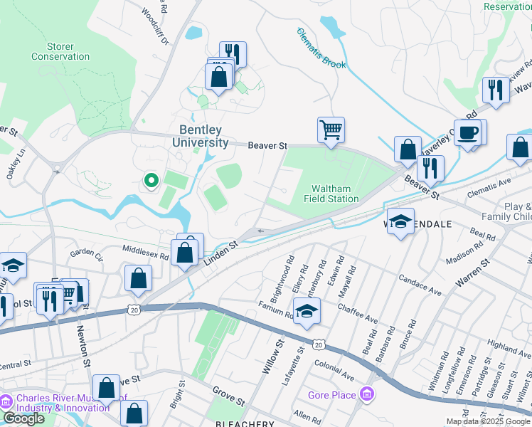 map of restaurants, bars, coffee shops, grocery stores, and more near 209 Linden Street in Waltham