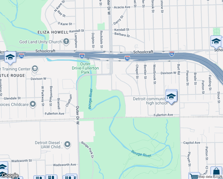 map of restaurants, bars, coffee shops, grocery stores, and more near Lahser Road in Redford Charter Township