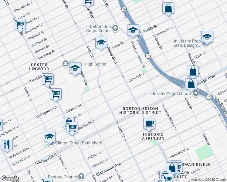 map of restaurants, bars, coffee shops, grocery stores, and more near 2012 Calvert Avenue in Detroit