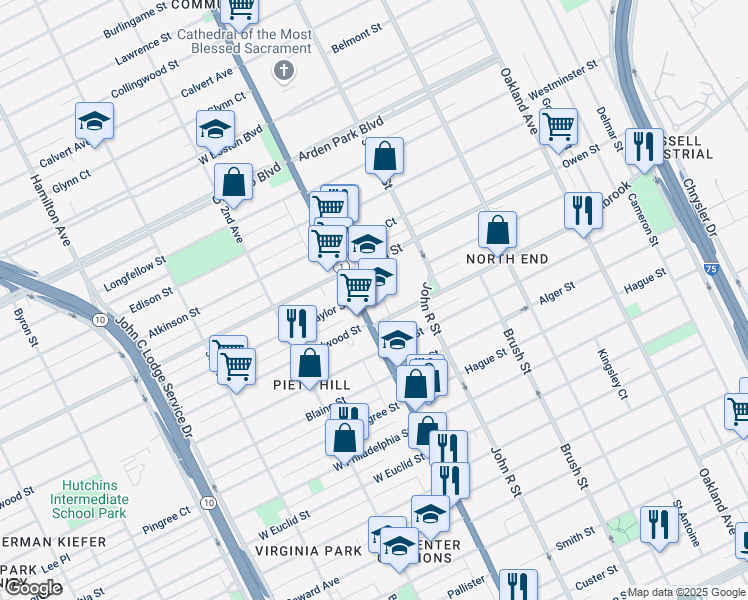 map of restaurants, bars, coffee shops, grocery stores, and more near 9000 Woodward Avenue in Detroit