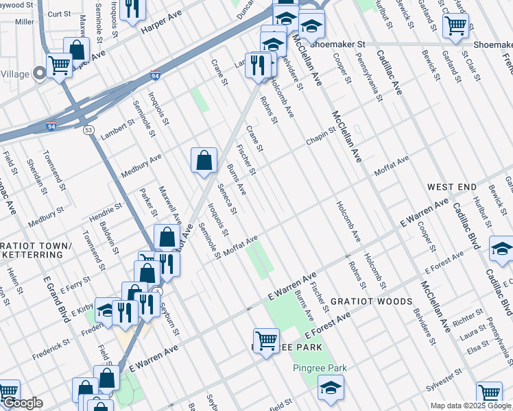 map of restaurants, bars, coffee shops, grocery stores, and more near 5409 Fischer Street in Detroit