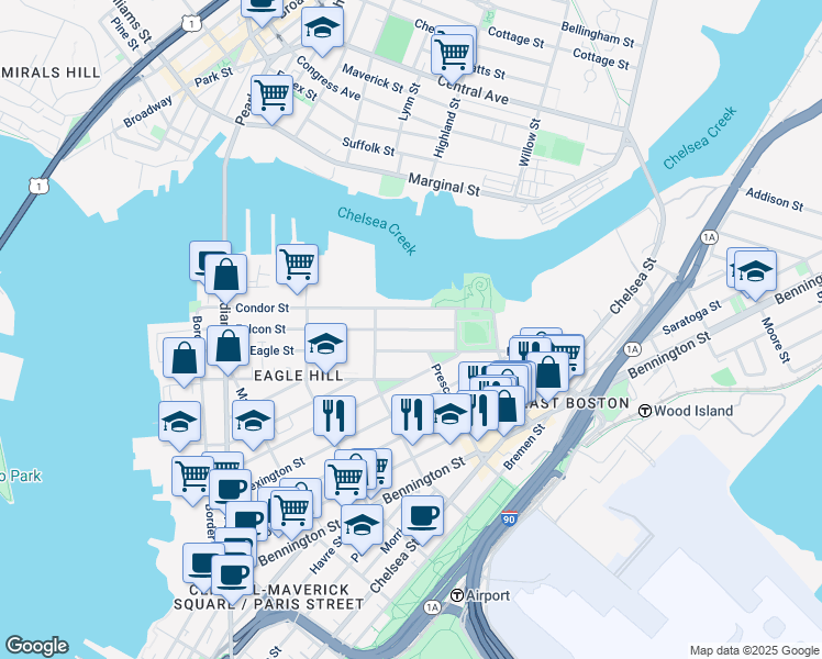 map of restaurants, bars, coffee shops, grocery stores, and more near 213 Condor Street in Boston