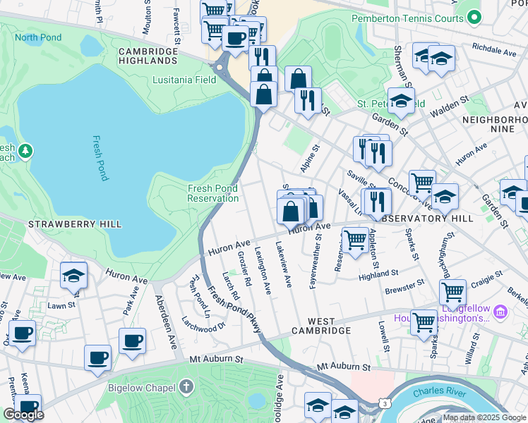 map of restaurants, bars, coffee shops, grocery stores, and more near 211 Lakeview Avenue in Cambridge