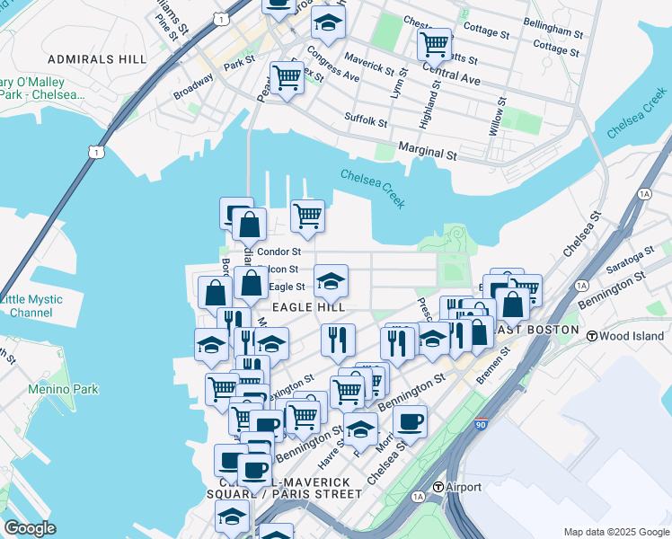 map of restaurants, bars, coffee shops, grocery stores, and more near Falcon Street in Boston