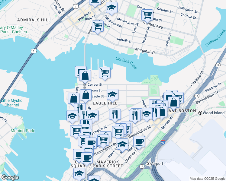 map of restaurants, bars, coffee shops, grocery stores, and more near Falcon Street in Boston