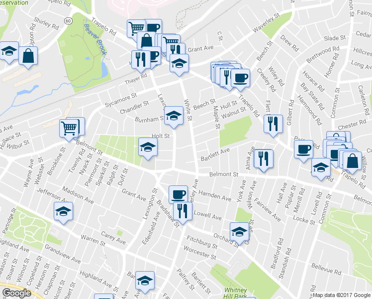 map of restaurants, bars, coffee shops, grocery stores, and more near 16 Ripley Road in Belmont