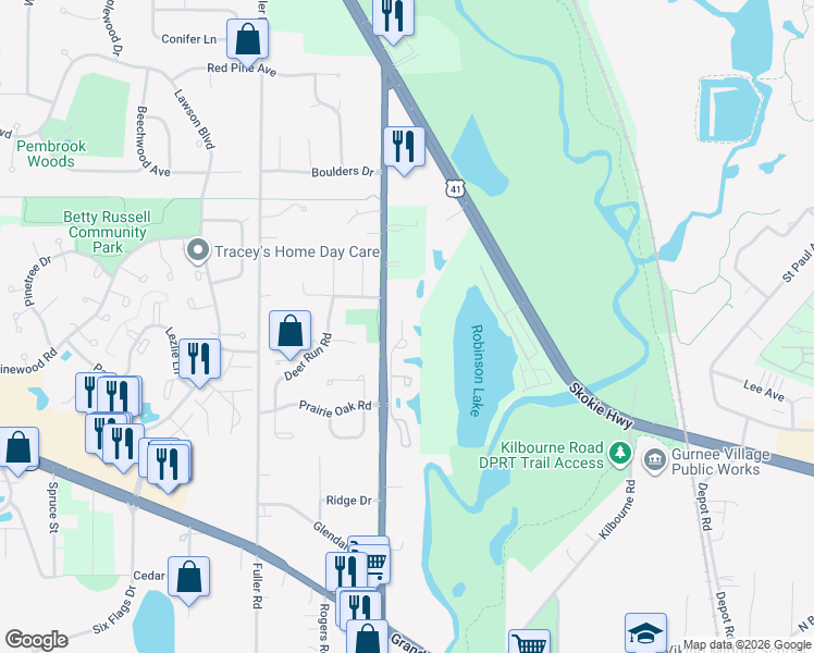 map of restaurants, bars, coffee shops, grocery stores, and more near 1537 Queen Ann Lane in Gurnee
