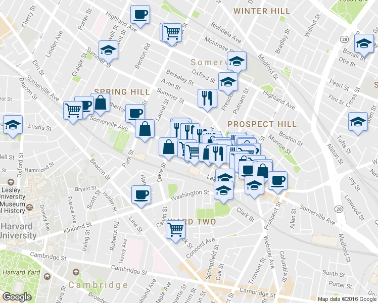 map of restaurants, bars, coffee shops, grocery stores, and more near Somerville Avenue & School Street in Somerville