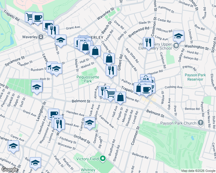 map of restaurants, bars, coffee shops, grocery stores, and more near 17 Bartlett Avenue in Belmont