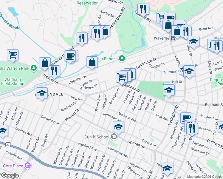 map of restaurants, bars, coffee shops, grocery stores, and more near 344 Warren Street in Waltham