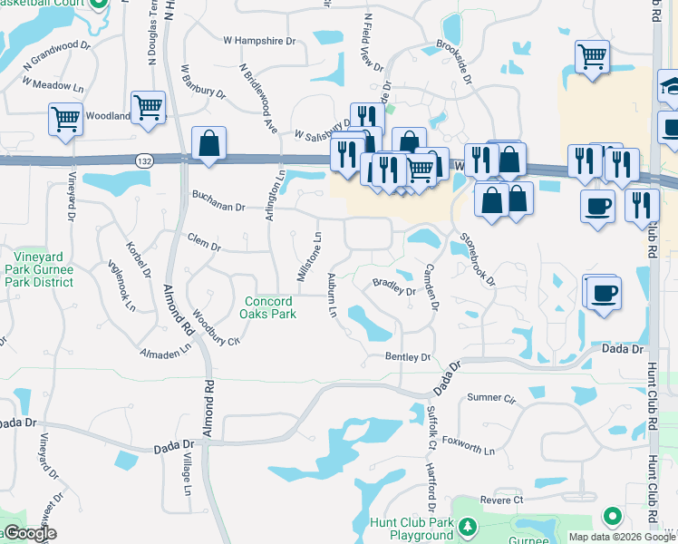 map of restaurants, bars, coffee shops, grocery stores, and more near 1549 Auburn Lane in Gurnee
