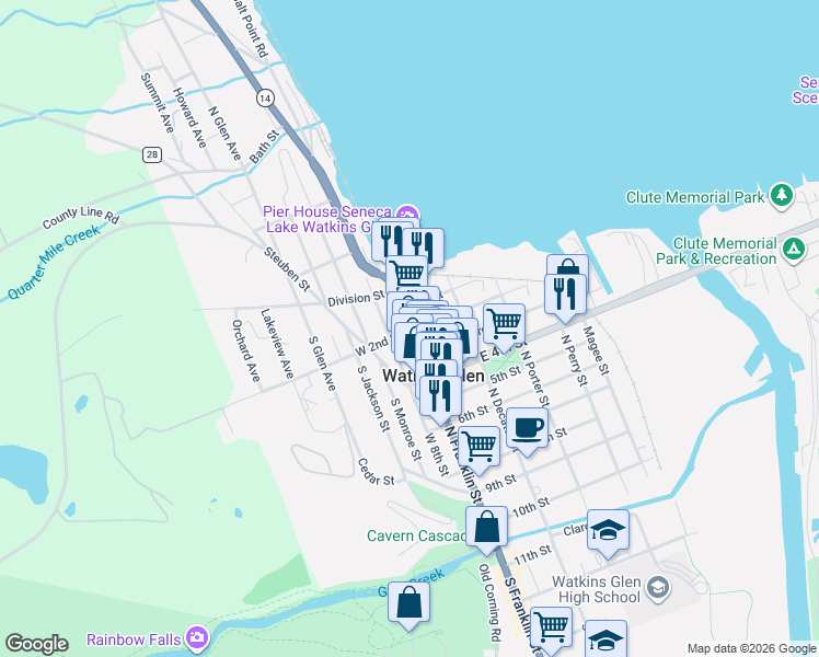 map of restaurants, bars, coffee shops, grocery stores, and more near 169 North Franklin Street in Watkins Glen