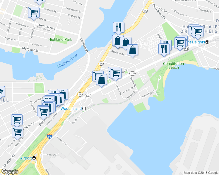 map of restaurants, bars, coffee shops, grocery stores, and more near 550 Bennington Street in Boston
