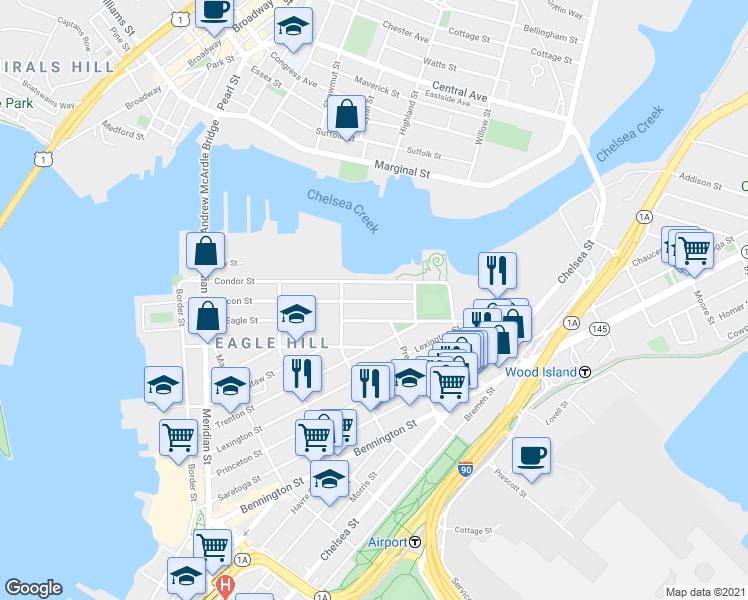 map of restaurants, bars, coffee shops, grocery stores, and more near 213 Condor Street in Boston