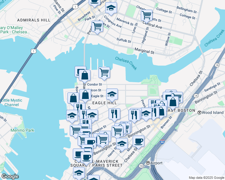 map of restaurants, bars, coffee shops, grocery stores, and more near 129 Condor Street in Boston