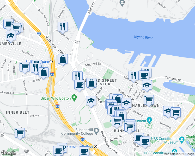 map of restaurants, bars, coffee shops, grocery stores, and more near 73 Baldwin Street in Boston