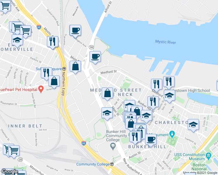 map of restaurants, bars, coffee shops, grocery stores, and more near 73 Baldwin Street in Boston