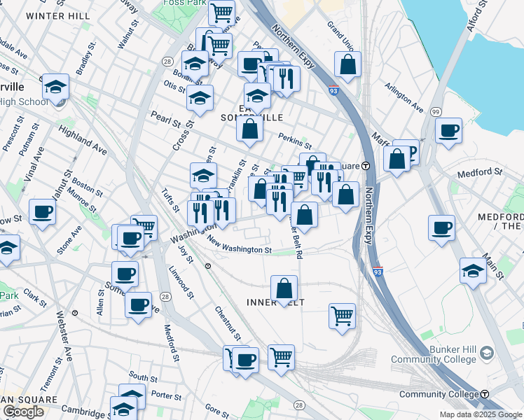 map of restaurants, bars, coffee shops, grocery stores, and more near 16 Florence Street in Somerville