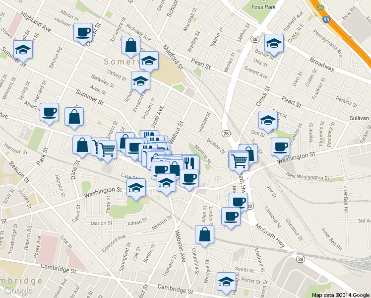 map of restaurants, bars, coffee shops, grocery stores, and more near 33 Walnut Street in Somerville
