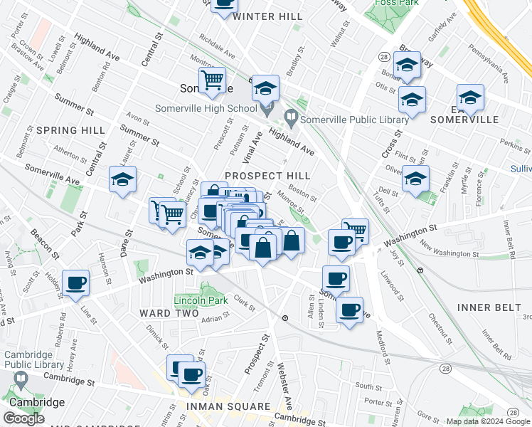 map of restaurants, bars, coffee shops, grocery stores, and more near 33 Walnut Street in Somerville