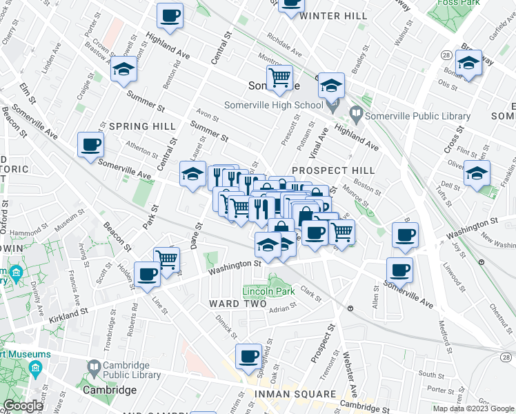 map of restaurants, bars, coffee shops, grocery stores, and more near 56 Church Street in Somerville