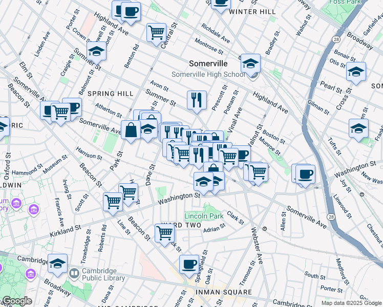 map of restaurants, bars, coffee shops, grocery stores, and more near in Somerville